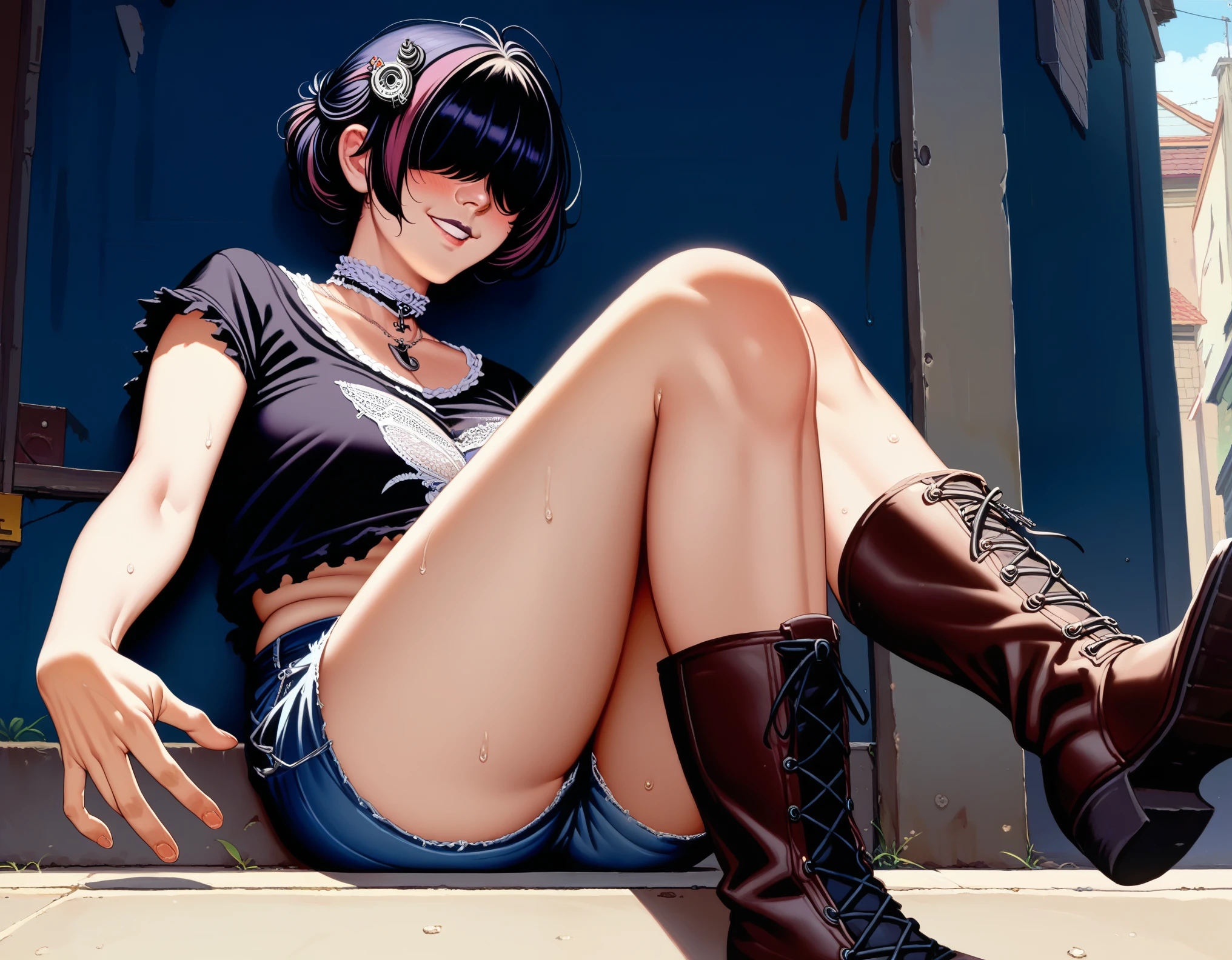 score_9, score_8_up, score_7_up, source_anime, 1 woman, playful hands((),  ((playful smile and face)),  lize1st, hair ornament, (undersized sleevless shirt) (),  ((highlighted chest)) knee high lace-up boots, tall boots, choker necklace, ((goth girl)), (dynamic angle), (dynamic pose), sweat, ((night alleyway)), (( blush)),  gothmom, multicolored hair, ((hair over eyes)), ((norman rockwell style:1.4)) ((night time lighting)) ((deep dark shadows)) dark, low key, (milf)
