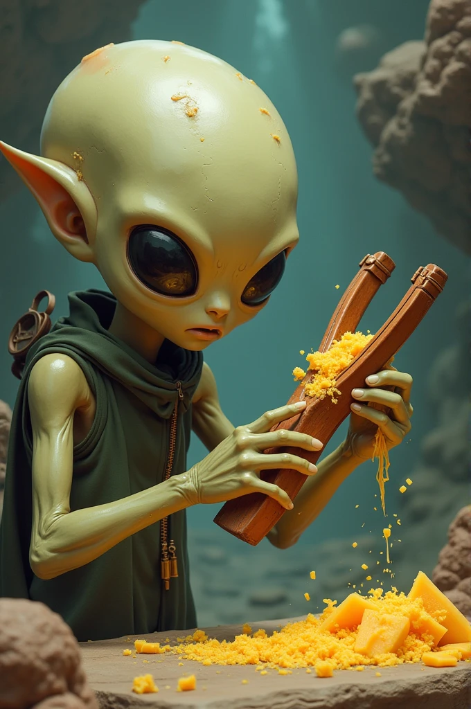 Alien looking at a slingshot with grated cheese to hit Naruto Shippuden 