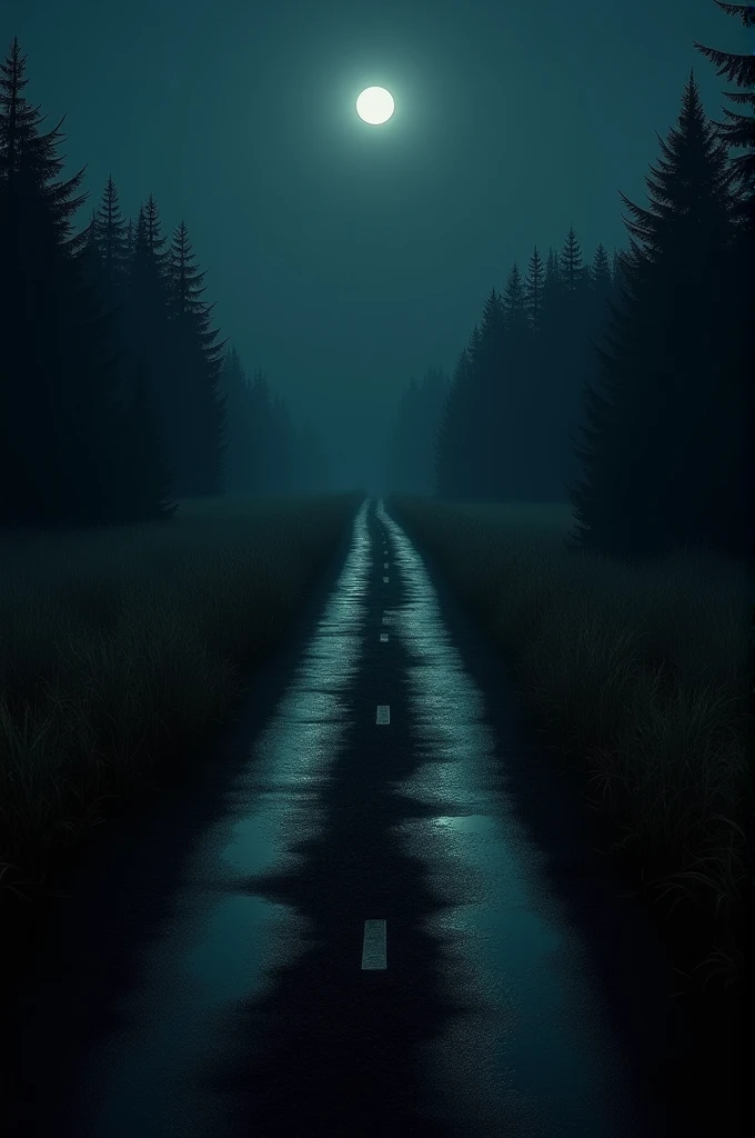 Abandoned road with grass all around at 10 pm everything dark without street light energy