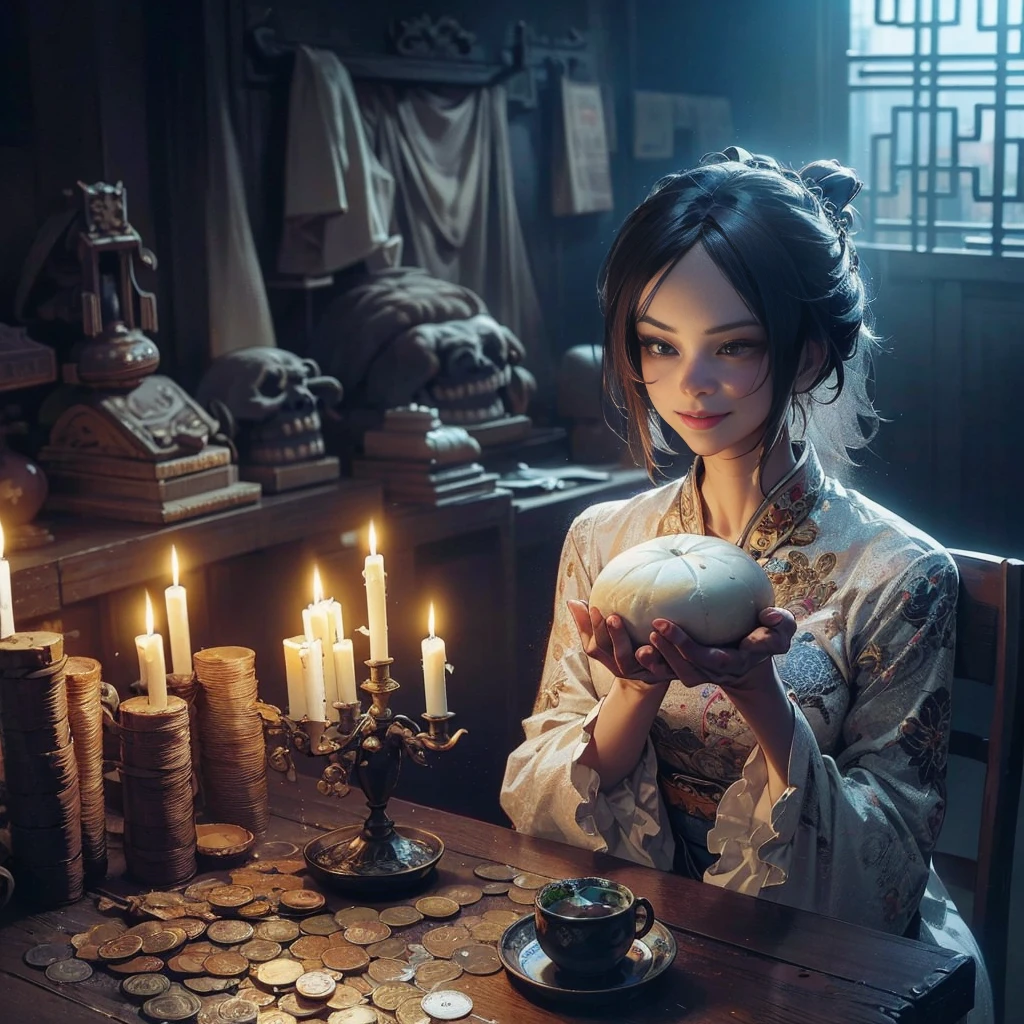 (masutepiece:1.2), (Best Quality:1.2), (high resolution:1.2), (beautiful face and eye:1.2), (sharpest focus:1.2), (Ultra-realistic Photo:1.2), (Ultra-precise Photo:1.2), (Depth of field:1.2), (perfect anatomy:1.2), (nice hands:1.2),
(perfect hands:1.2), (Chinese Song dynasty bar hostess:1.0), (Beautiful middle-aged woman holding a large steamed bun in her hands:1.0), (Gruesome and cruel smile:1.5), (Fierce smile:1.5),
(Proprietress lit by a simple candelabra:1.0), (Large quantity of Chinese Song dynasty coins piled on a crude table:1.0),