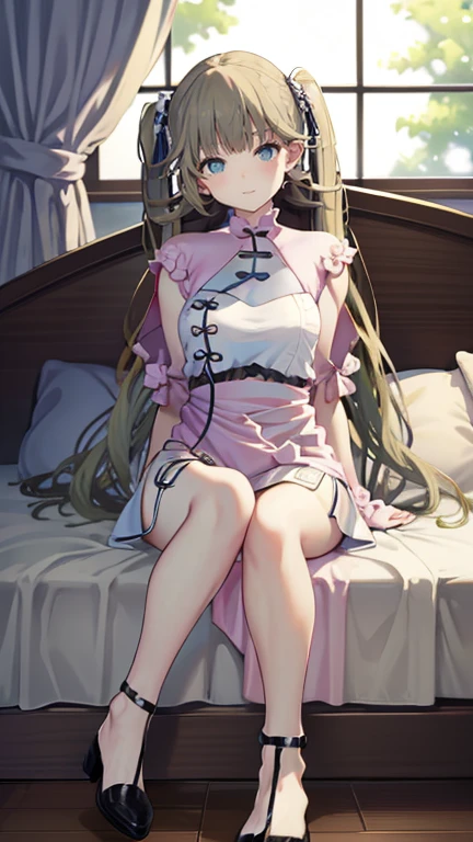 masterpiece,best quality,high resolution,Hanabusa Lisa, very long hair, twintails, blue eyes,aroused,sundress,evening,full body,hotel room on the bed,