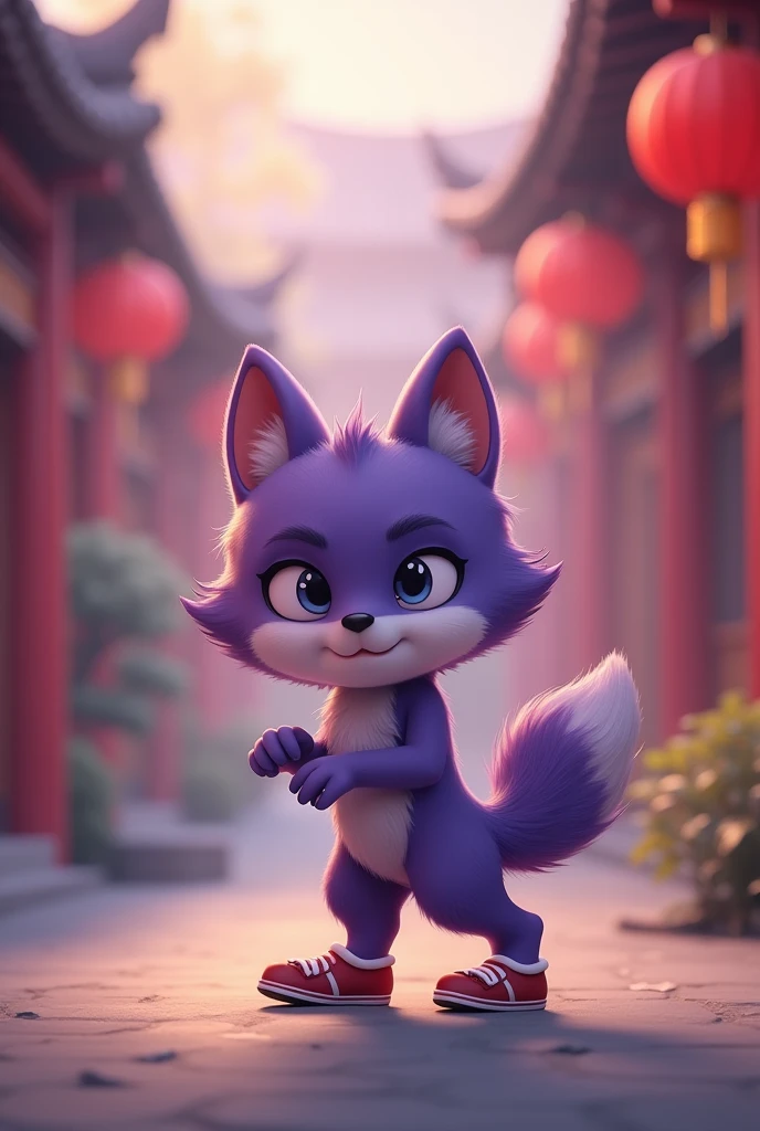 a purple wolf,cute,standing,sideways,Wearing shoes,walking carefully,The expression is nervous,Move carefully,background chinese style,The expression is nervous