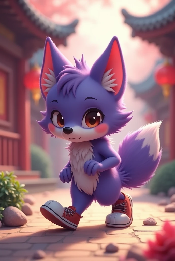 a purple wolf,cute,standing,sideways,Wearing shoes,walking carefully,The expression is nervous,Move carefully,background chinese style,The expression is nervous