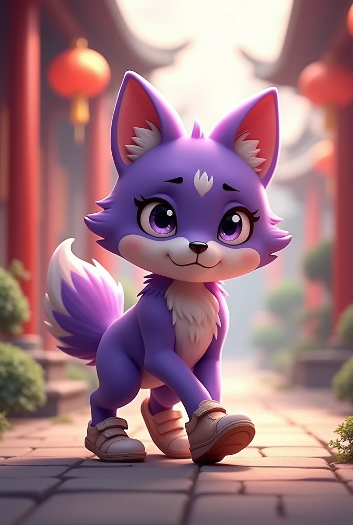 a purple wolf,cute,standing,sideways,Wearing shoes,walking carefully,The expression is nervous,Move carefully,background chinese style,The expression is nervous