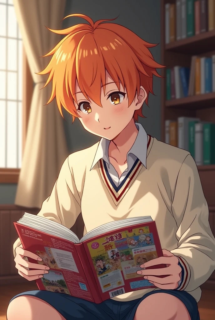 Sasaki Shumei, with orange hair from the anime Sasaki to Miyano, wearing the Japanese anime school uniform, reading manga.

