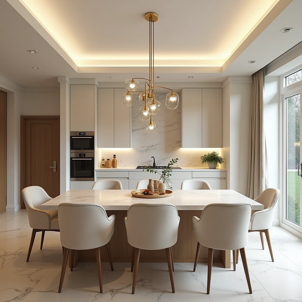 Create a super beautiful kitchen in a large villa, with simple colors and luxuriously beautiful chairs. Everything else was good but a dryer would also be good.