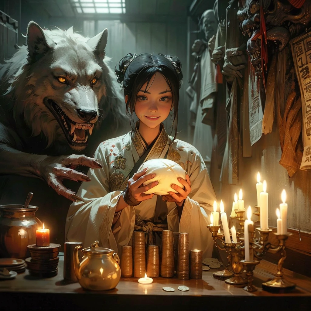 (masutepiece:1.2), (Best Quality:1.2), (high resolution:1.2), (beautiful face and eye:1.2), (sharpest focus:1.2), (Ultra-realistic Photo:1.2), (Ultra-precise Photo:1.2), (Depth of field:1.2), (perfect anatomy:1.2), (nice hands:1.2),
(perfect hands:1.2), (Chinese Song dynasty bar hostess:1.0), (Beautiful middle-aged woman holding a large steamed bun in her hands:1.0), (Gruesome and cruel smile:1.5), (Fierce smile:1.5),
(Proprietress lit by a simple candelabra:1.0), (Large quantity of Chinese Song dynasty coins piled on a crude table:1.0),