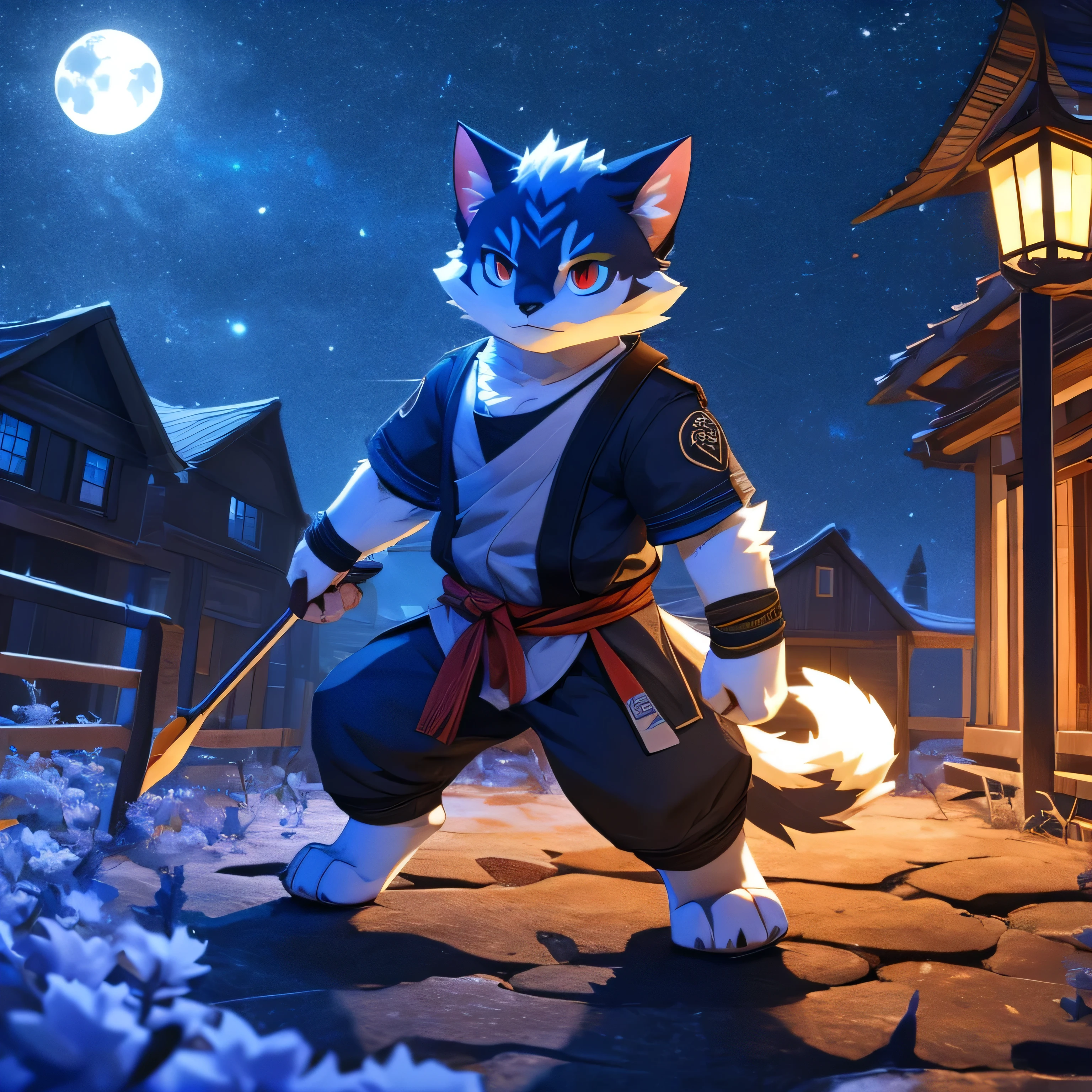 New Jersey 5 Furry，Beast field，Full body portrait，anthropology，Empty，male，warrior，Cat，Wristband，Fluffy hair，White furry paws，Red Eyes，Exquisite eyes，Delicate eyes，Extremely high detail，8K HD Characters，night，Fighting Stance