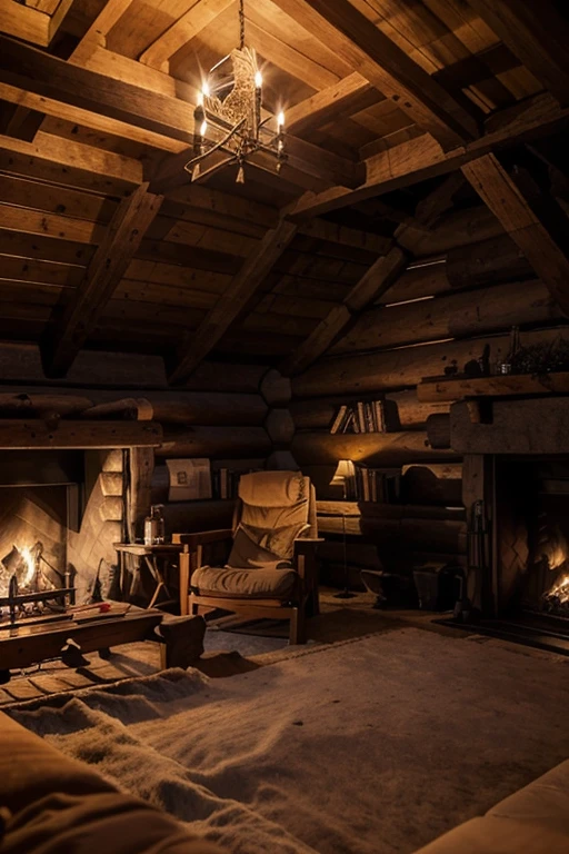 It's a quiet winter's night. It's snowing outside. In a wooden mountain hut a fire is burning in the fireplace, next to the fireplace there are two glasses of wine. The wooden cabin has a very large balcony. All the furniture is made of wood. On the bed in the cabin there are open books. It is quiet