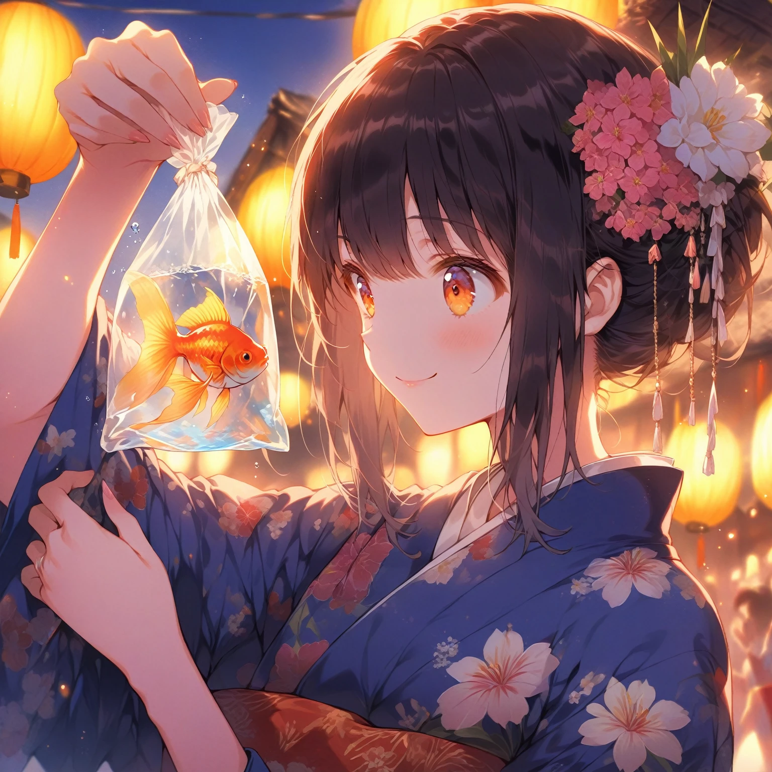 score_9_up, score_9, score_8_up, score_7_up, source_anime,masterpiece, best quality, high resolution, extremely detailed CG, absurdres, highres,On the evening of the summer festival, 1girl, solo, a girl in a yukata holds a goldfish in a small transparent plastic bag. The girl lifts the bag in front of her eyes and looks ahead through the water in the bag with a gentle smile, good_hands, Long eyelashes, detailed beautiful eyes, looking away