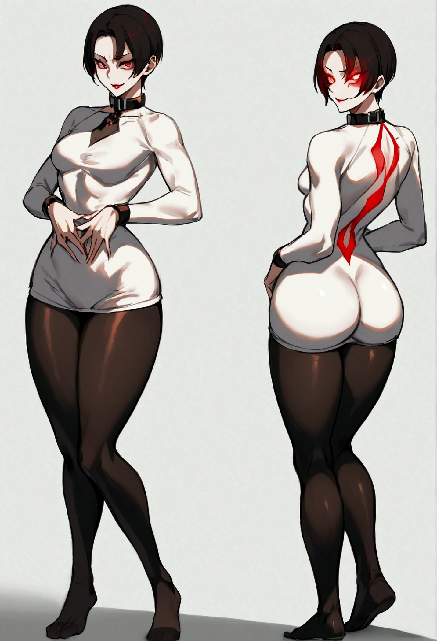fully body,standing,alone,short hair,work of art,face detailed,young fitness linda,Wearing black pantyhose,tight white sweater with collar ,neckleace,evil smile,red eyes glowing,labiaa,eye shadow,bangs on the eyes,hands on waist,sexy ass