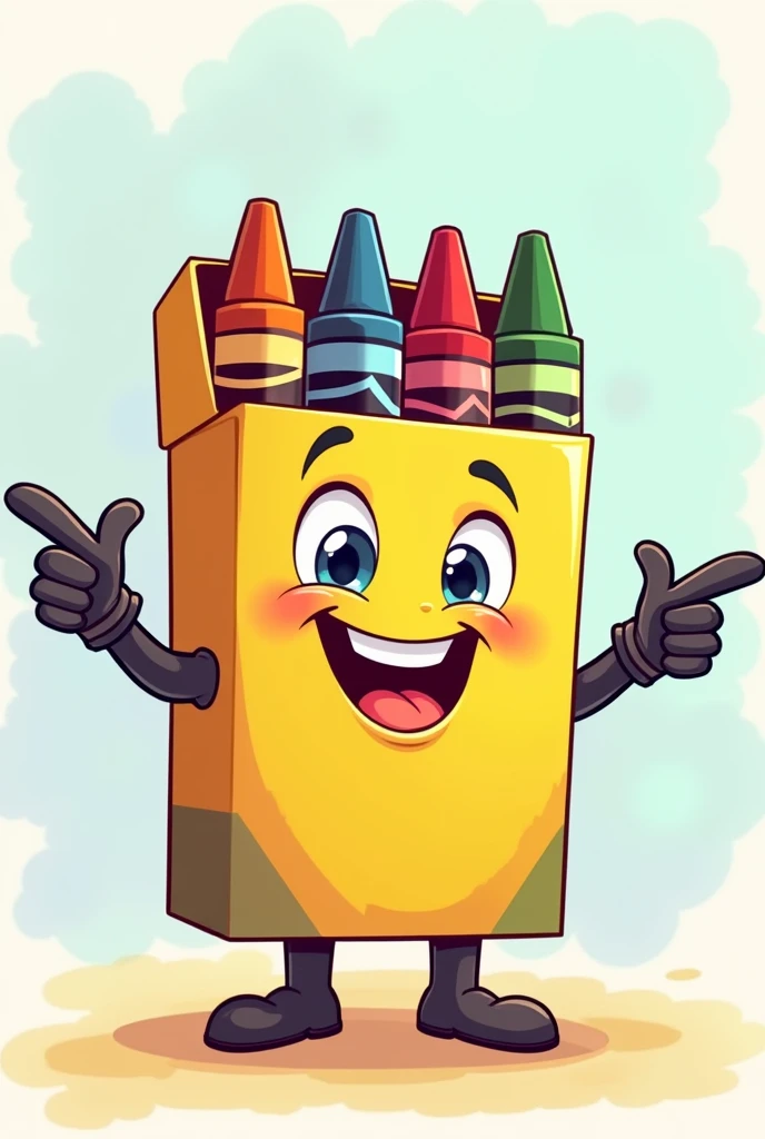 Cartoon of box crayon with hands,happy, pointing