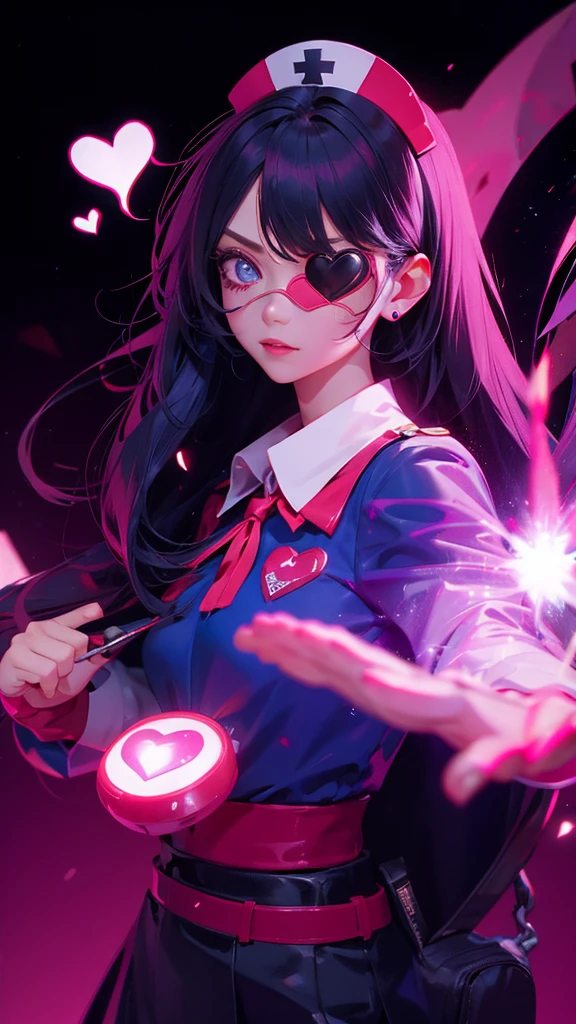 Wearing a shiny high-neck nurse uniform with an eye patch with a heart mark on one eye