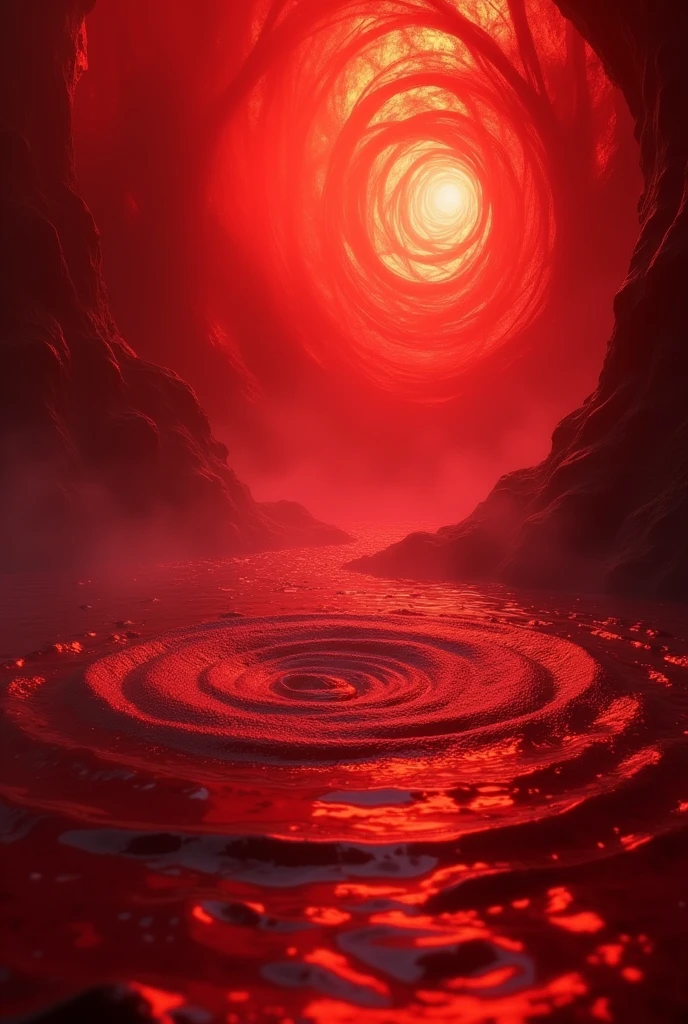 Generate an image alluding to a completely red background with water drops on the edges as if it were a whirlpool