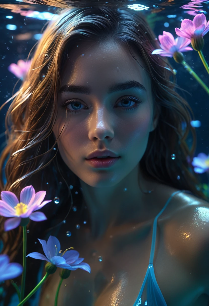 (masterpiece, best quality:1.2), (realistic), photorealistic, high quality, super detailed, 8K Ultra HD, beautiful and sexy Bioluminescent woman with a slim figure medium teardrop breasts, long hair, swimming, beautiful flowing Bioluminescent flowers forming a beautiful woman, full depth of field and realistic textures, underwater environment, ray of moonlight, cinematic lighting, vivid light, vibrant color, dw01-3400