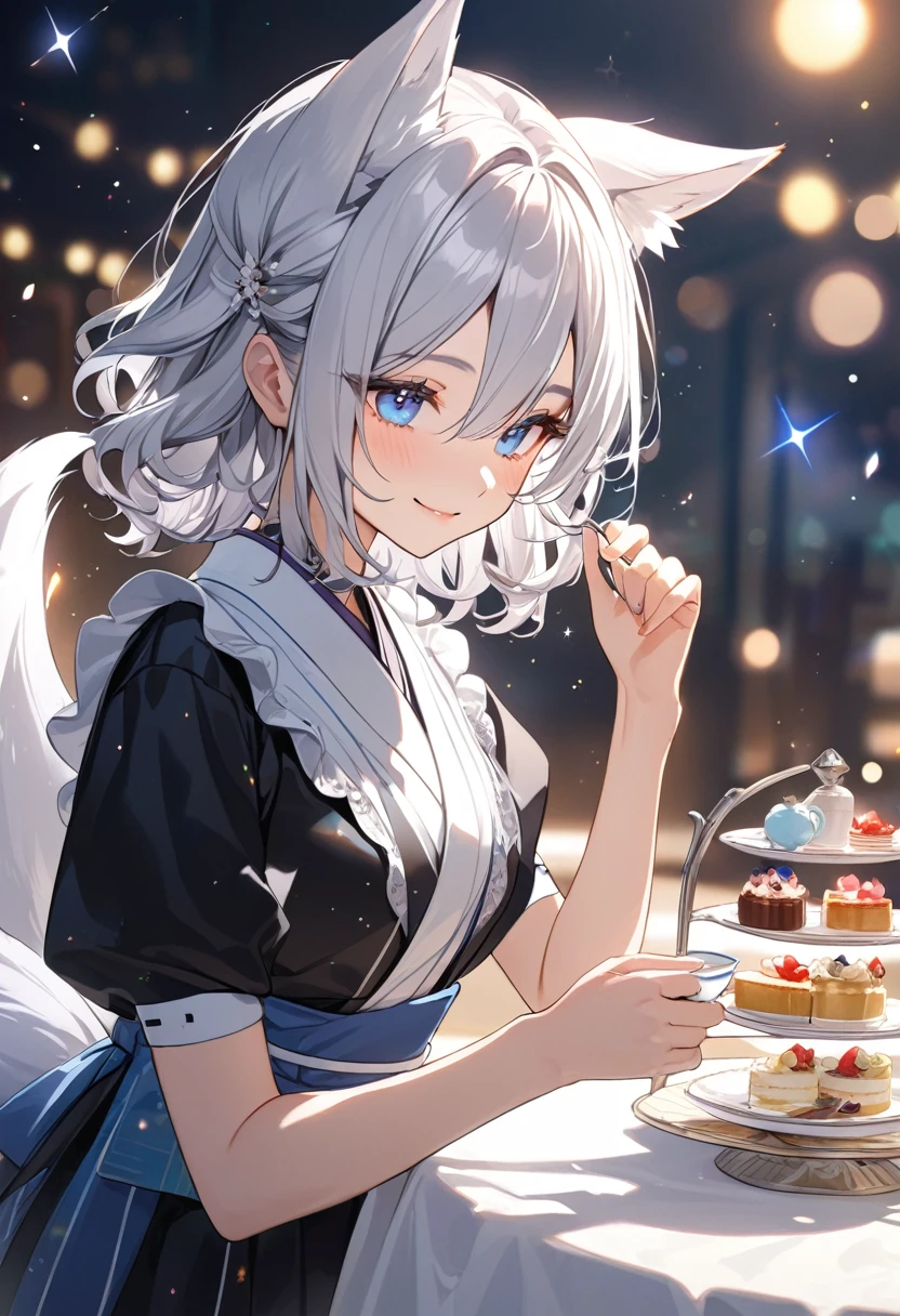 1girl, cowboy shot, from front, holding a teacup
BREAK cute, kawaii, 18 yo, (blue eyes:1.1), medium breasts, hair between eyes, medium hair, wavy hair, (silver hair:1.5), (fox ears:1.3), (one fox tail:1.3), light red eyeshadow, smile
BREAK maid clothes, (black kimono:1.3, traditional Japanese clothing, short sleeves),
BREAK (graceful tea set on the table:1.1, tea caddy), (cake stand:1.1, various sweets),
BREAK (pastel color style illustration:1.1), cinematic lighting, shiny skin, shiny glossy hair, highly detailed beautiful eyes, depth of field, (colorful particles and glitter effects are dancing, sparkle, crystal light, powder light, foggy, blurry background, bokeh)
BREAK masterpiece, best quality, very aesthetic, absurdres, 