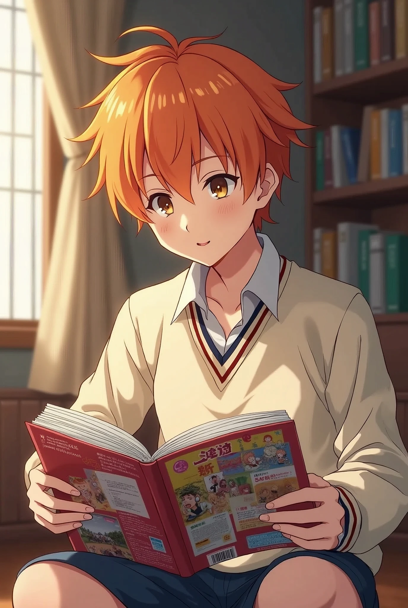 Sasaki Shumei, with orange hair from the anime Sasaki to Miyano, wearing the Japanese anime school uniform, reading manga.

