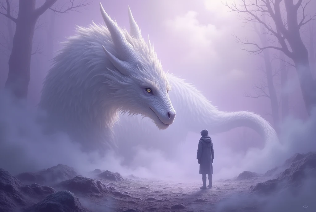 masterpiece, Ultra high definition, Fantasy, ((in a thick fog)), The Person Turning Their Back, The dragon blending with the mist, A beautiful dragon with white fur, The dragon is faintly visible, Looking at people with kind eyes, The encounter between the dragon and the human, A dragon faintly visible, [Purple Cloud], crap