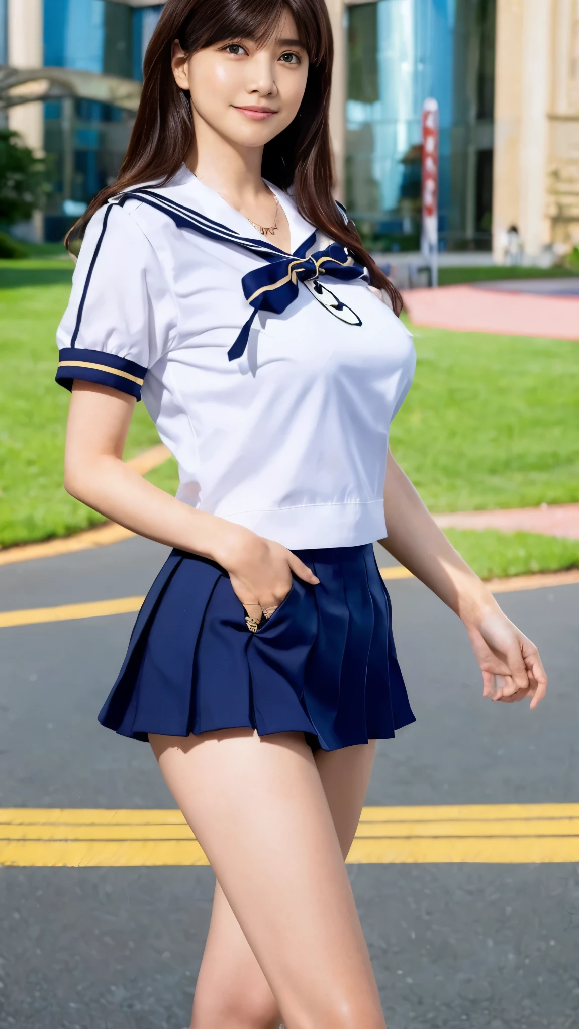 (8k,Ultra-high resolution,Highest quality,masterpiece,Realistic,Ultra-high resolution,High-quality RAW color photos,Professional photos,Realistic,Realistic),Natural skin texture,Fine skin,Hyperrealism,Intricate details,Adult women,Eye highlights.Lip gloss,Glossy Lips,(Cute smile,Semi-long hair,Dark blonde hair,bangs),((gigantic breast,Big Breasts,on side)),necklace,((Schoolgirl uniform,Sailor suit,Navy Pleated Mini Skirt),loafers),Walking around the city,(walking),full body