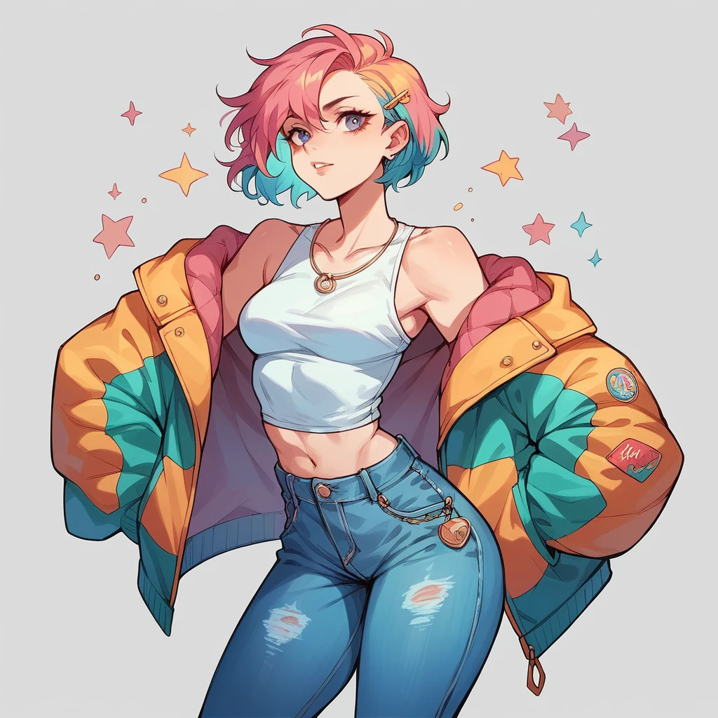 Girl with short colorful hair, a striking colorful jacket, and some leather jeans