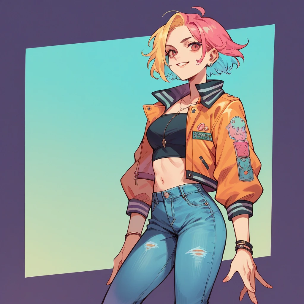 Girl with short colorful hair, a striking colorful jacket, and some leather jeans