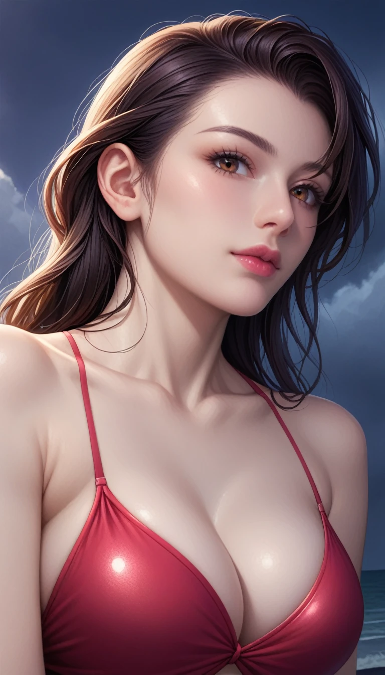 score_9, score_8_superior, score_7_superior, High-resolution CG illustration,A masterpiece in 32K resolution,Highest quality,it is really amazing,Very detailed,Ultra-high resolution,Ultra-realistic,Realistic,Increased depth of field,Cinematic lighting,
Sexy mature Japan woman,
Straight long hair with black hair,Ultra-detailed and beautiful face,Calm and gentle look,Beautiful brown eyes,Translucent white skin,Realistic skin texture,Great proportions,
Elegant red swimsuit,
Simple design,Chic color scheme based on red,Detailed fabric texture,
(Dark overcast sky on a dull night:1.1),(Dark clouds filling the sky:1.1),Thundercloud,Coastline at night,Stormy seas,delay々A desolate sandy beach that continues,
Cinematic,Low - Angle,