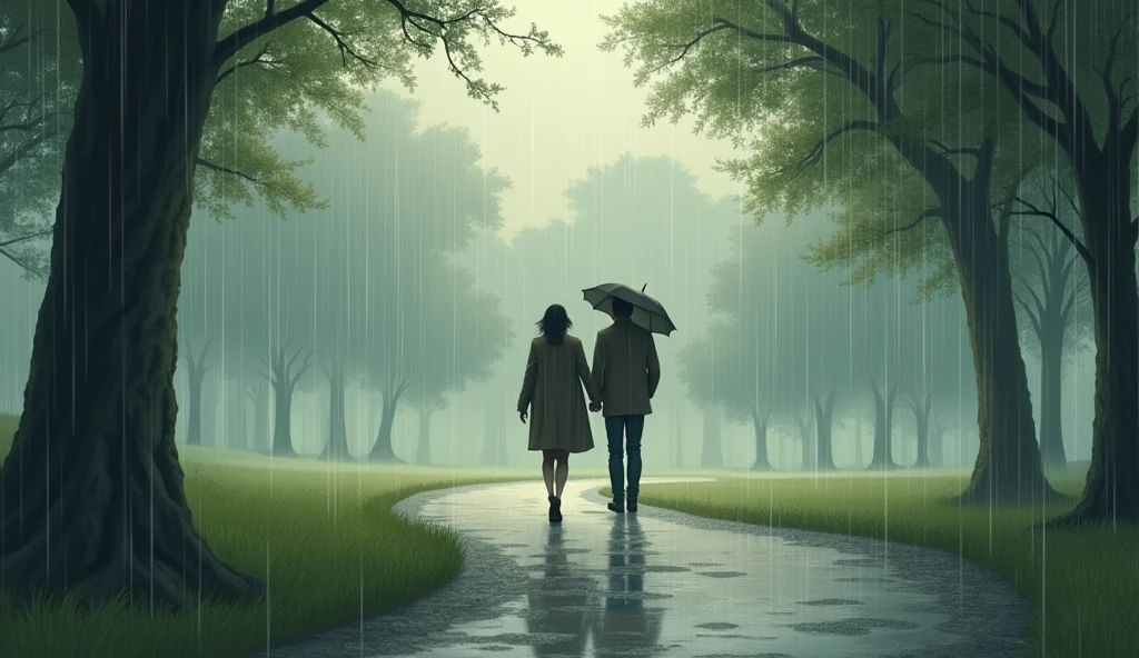 Lovers walking in the park road , rain,