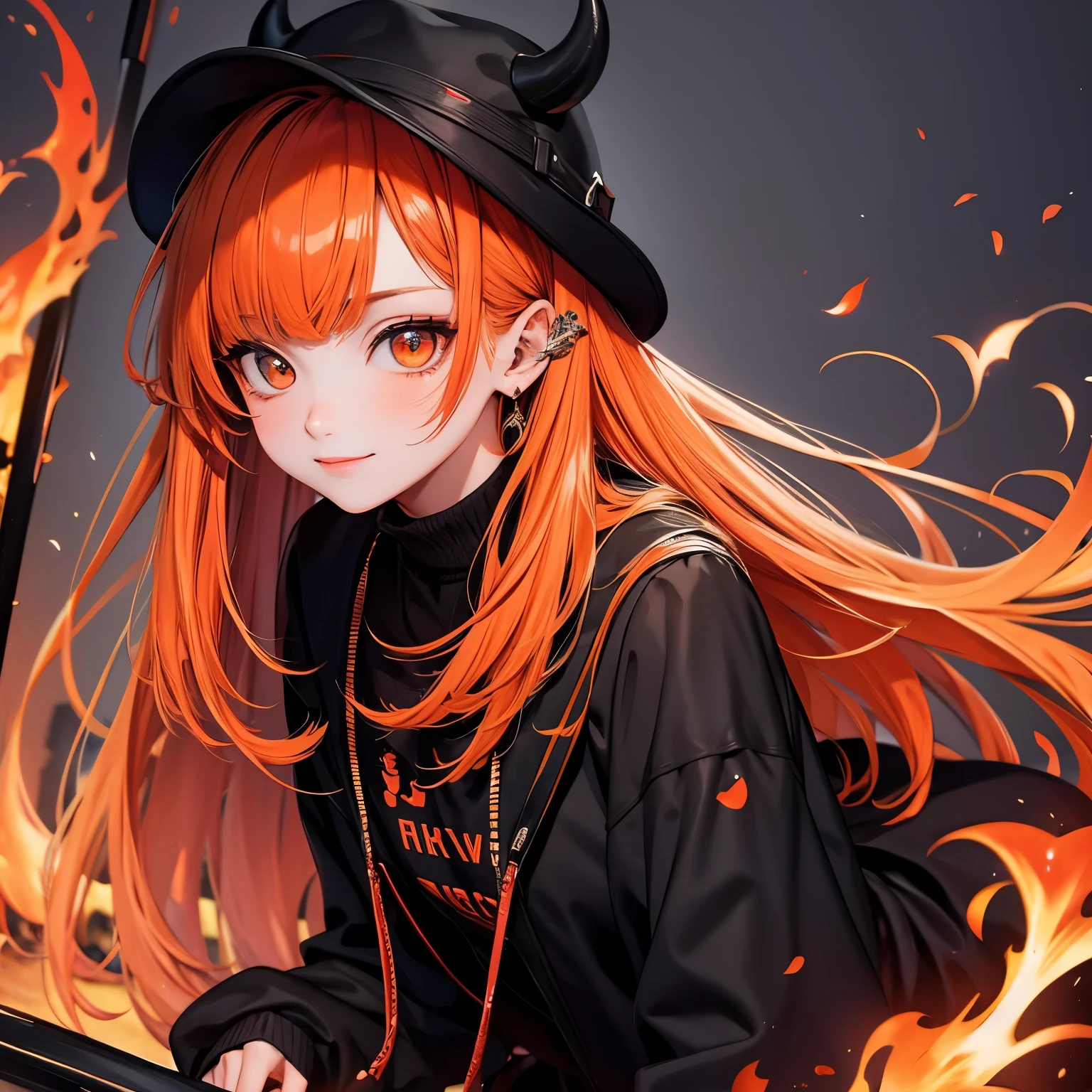 (masterpiece), Highest quality, Ultra-high resolution,Devil with a black ribbon、Dark orange hair、Deep orange eyes、A dark orange outfit、Feed fire、Kyoto、smile