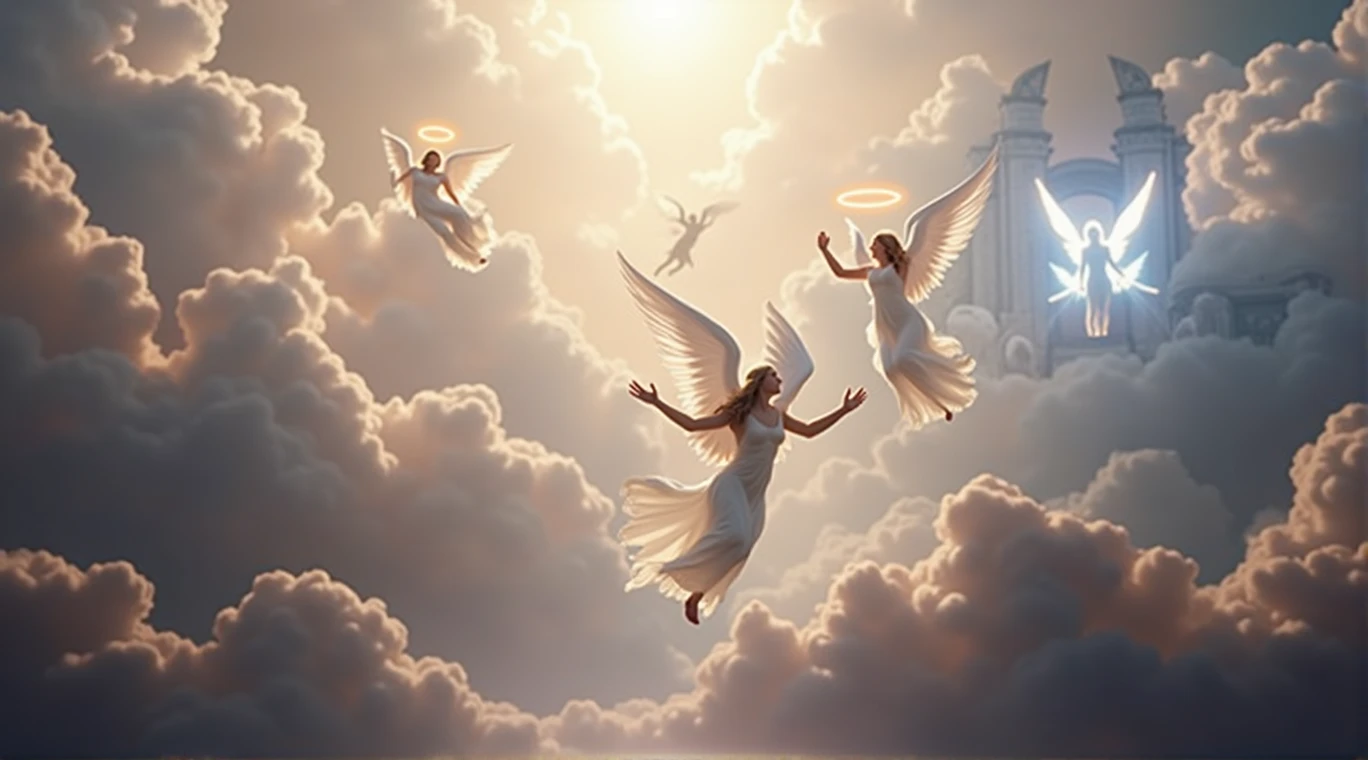 anjos flying in the sky with a halo above them, anjos in the sky, paraíso background, full of paintings of anjos, anjos, piedoso e etéreo, flying anjos, biblically accurate anjos, paraíso!!!!!!!!, anjos protecting a praying man, the gates of paraíso, taylor swift as a paraísoly angel, arte de fundo, paraísoly atmosphere, paraísoly rapture, paraíso