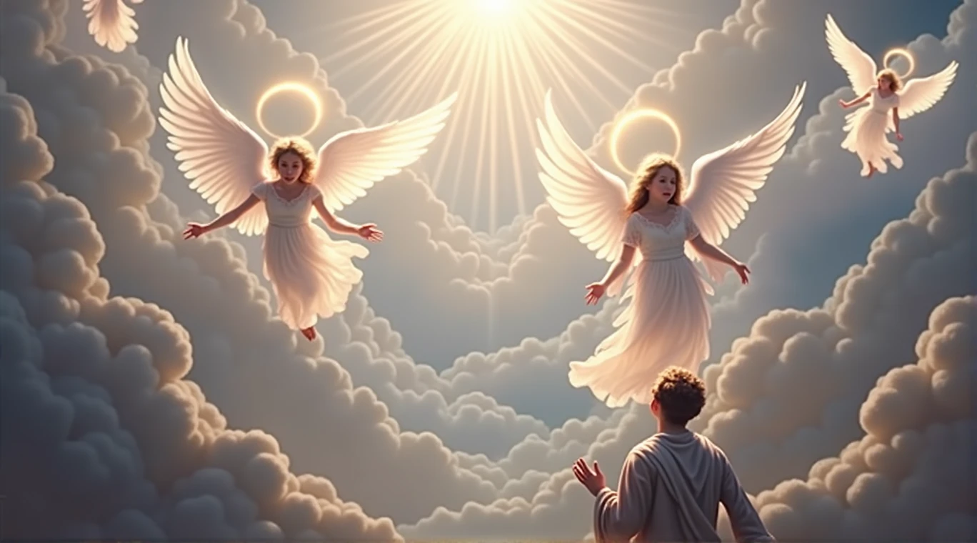 anjos flying in the sky with a halo above them, anjos in the sky, paraíso background, full of paintings of anjos, anjos, piedoso e etéreo, flying anjos, biblically accurate anjos, paraíso!!!!!!!!, anjos protecting a praying man, the gates of paraíso, taylor swift as a paraísoly angel, arte de fundo, paraísoly atmosphere, paraísoly rapture, paraíso