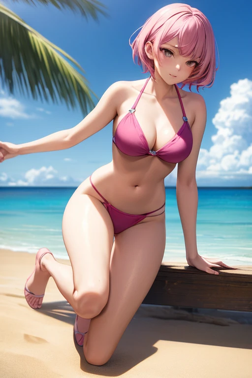 ((best quality)), ((masterpiece)), (detailed), a girl, full body, 20 years old, young adult, series face, young adult, tall, rose eyes, short pink hair, bangs, medium breasts, sexy blue bikini, seductive legs, sexy legs, beach background, looking at me, anime