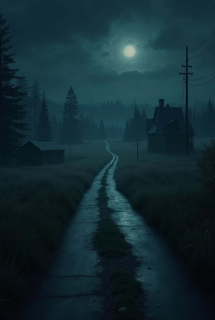 Abandoned road with grass all around at 10 pm everything dark without street light energy,with Barros houses