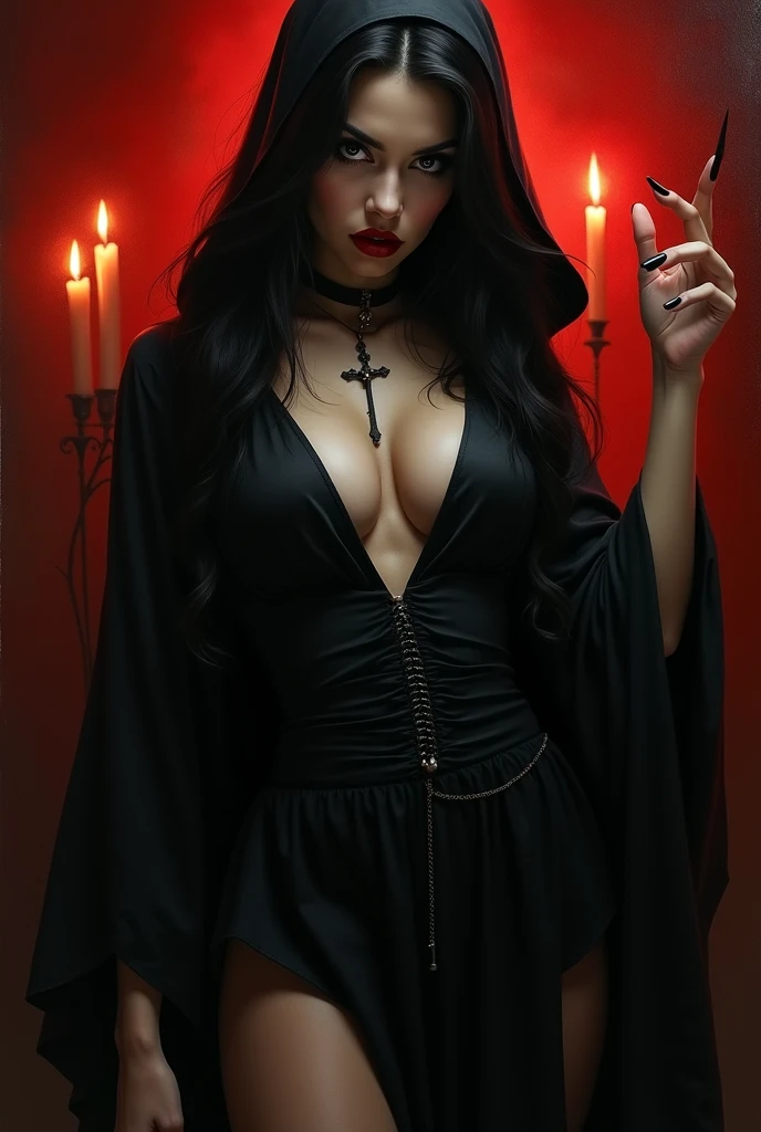 (sexy goth demon nun), Dark, mysterious, charming, hauntingly beautiful, (detailed facial features, PENETRATING EYES, dark red lips), flowing black robes, necklace with a cross, sensual, seductive pose, (candlelight backdrop, sinister atmosphere), (Best Quality, High resolution, ultra detailed), (Gothic art, oil painting, dark fantasy), (dramatic lighting, darkness, ethereal glow), (Black and red color combination., intense contrast), (Beautifully composed, intricate details), (evokes a sense of desire and forbidden allure.)., horned girl, devil horns, elf ears, cleavage, thigh, short skirt, sexy