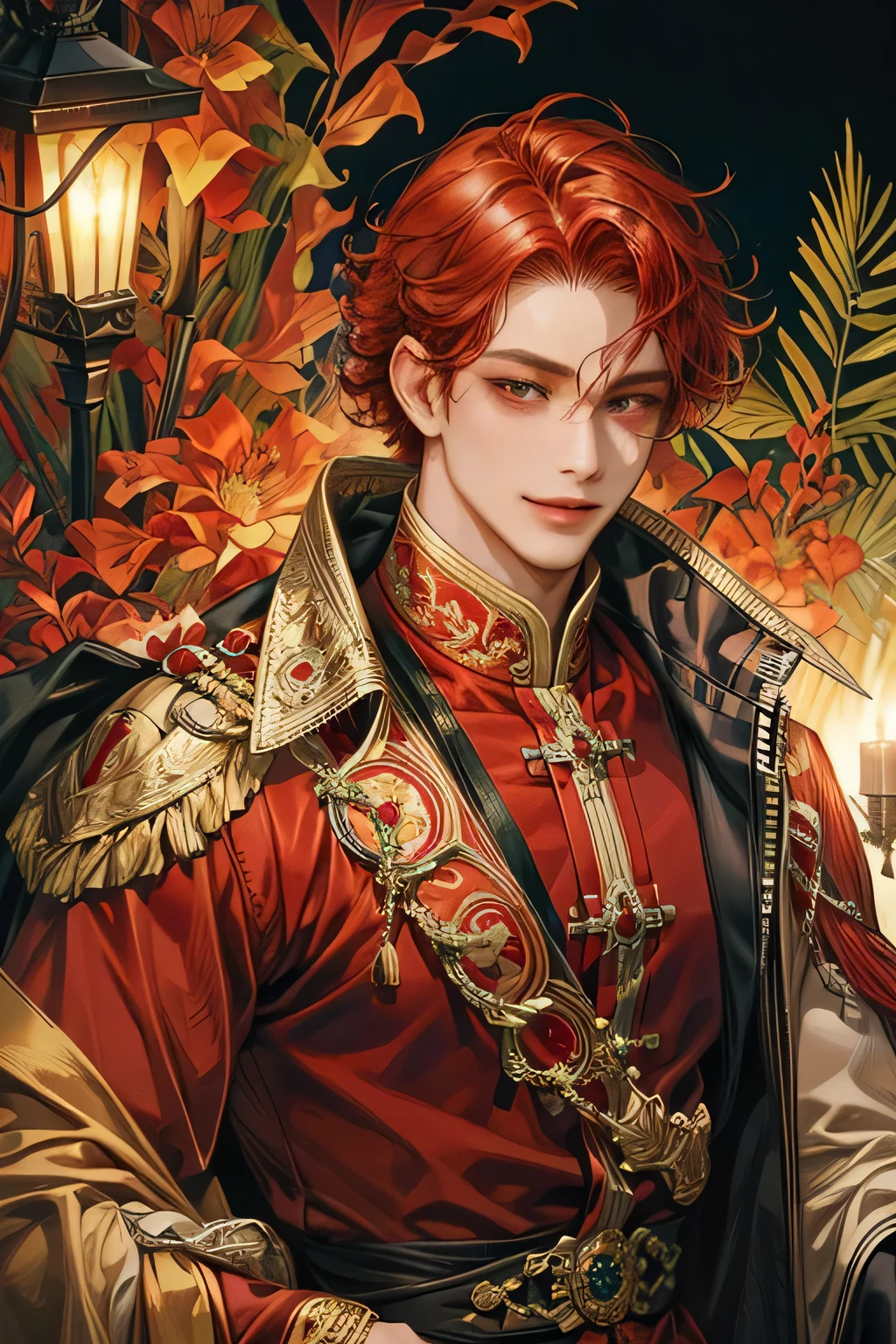 1man, red curly hair, javanese style, masterpiece, best quality, realistic, romantic and charming, 29 years old, red eyes, serious, extremely detailed face, dark skin, smile,, ((short-curly red hair)), [ eyebrows], red suit, forest, accurate, detailed