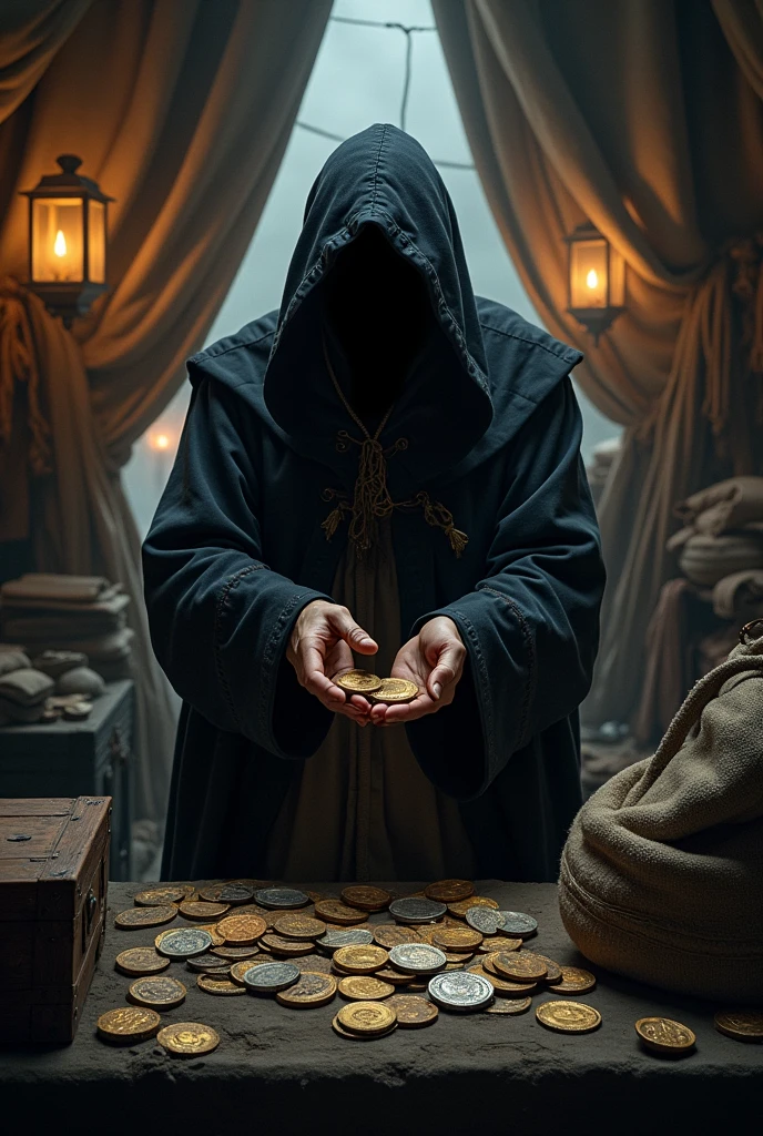 dark merchant inside a medieval tent wanting medieval money