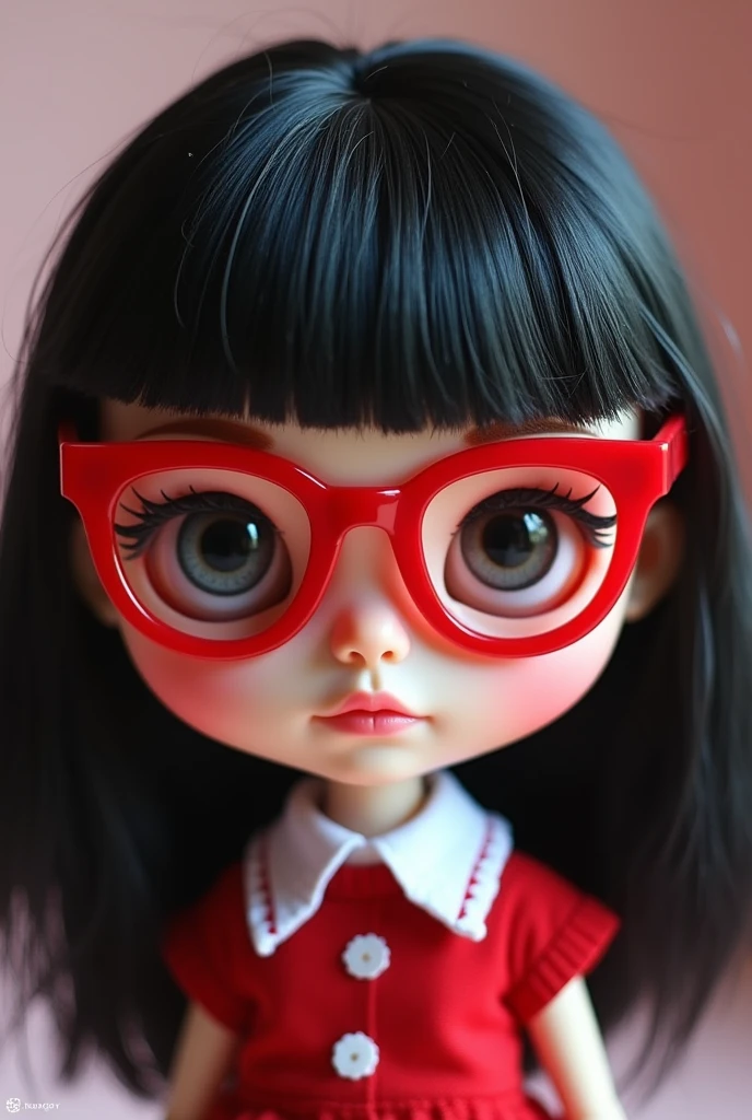 blythe doll with red bayonetta glasses