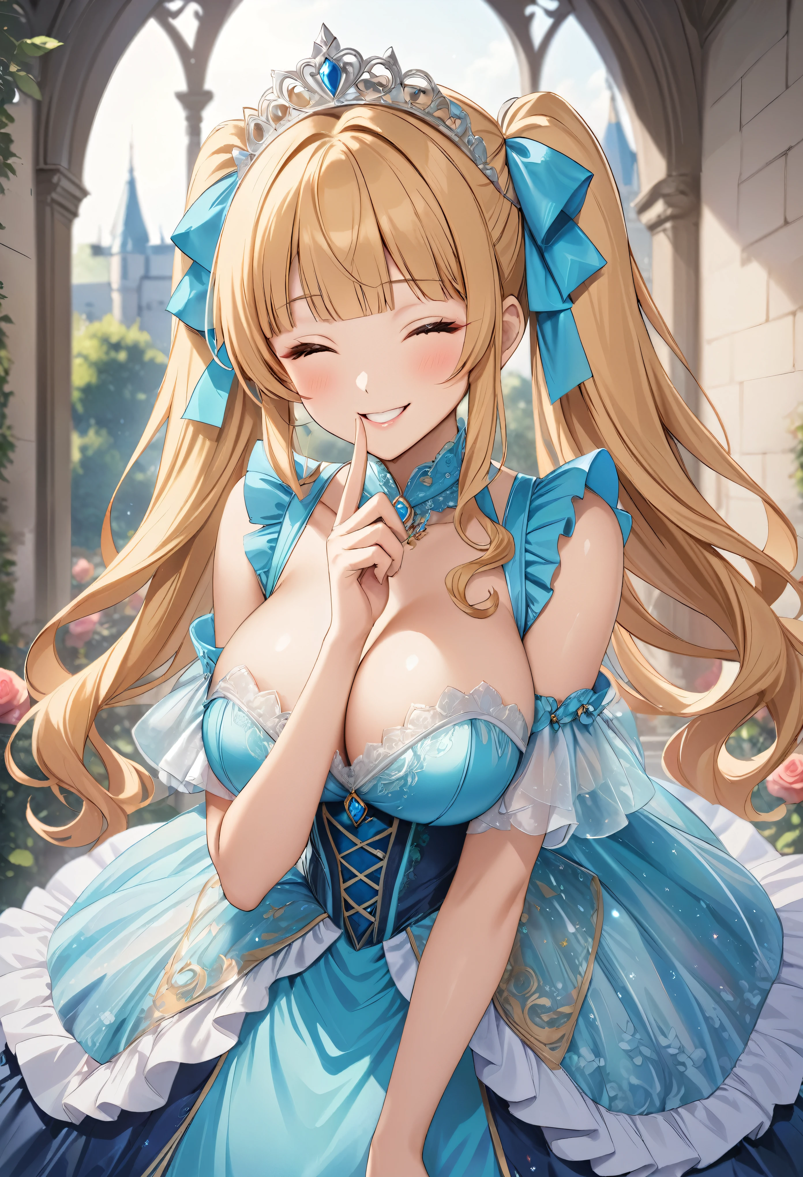 ((superbly detailed drawing, ultra detailed, exquisite quality, ultra high resolution)), ((gown transparency gown)), (((rococo victorian gown with voluminous huge hoopskirt and long hems, princess style skirt))), ((gown brilliant reflection prism transparency gown, with multilayer ruffle)), (((solo young princess))), super delicate face, very kawaii face, (blond twintails fluffy, smooth curly hair:1.2), (Expressive hair, super voluminous long hair:1.2), (blunt bangs, hime_cut :1.5), silver tiara, cowboy shot, huge breasts, breasts cleavage, breasts focus, (((wink, one eye closed, happy smile))), (head tilt, finger to mouth), (looking viewer, leaning forward, from front:1.3), (from above:0.9), (((perfect hands))), (cowboy shot), (super detailed skin, perfect anatomy:1.3), (blurry background:1.3), ((looking viewer:1.3)), (depth of field:1.3), particle effect, caustics, (anime moe art style:1.2), (soft edge:1.2), dutch angle, (royal castle garden, labyrinth of roses:1.2),