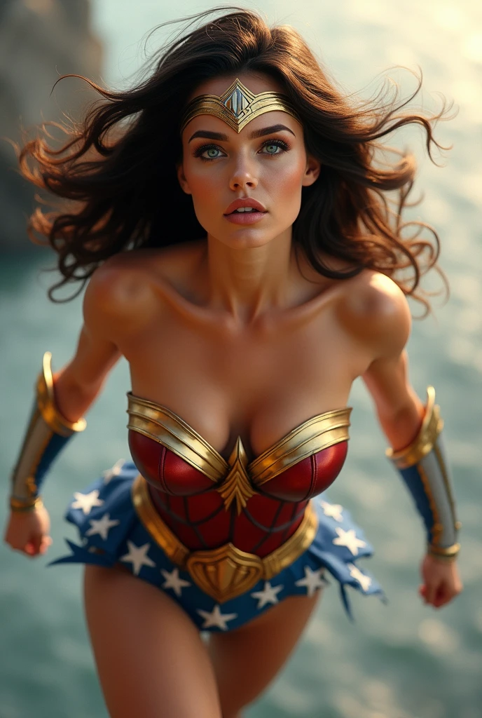 Femme brune , sexy avec les cheveux ondulés, elle doit être maquillée avec le visage les yeux bleus elle doit être en déguisement wonder woman hyper moulant. Il doit avoir des très gros seins et très grosses fesses. Elle doit être en train de voler. Elle doit avoir des grosses lèvres, et les cheveux, quelques méchants pétard, comme si elle venait de faire l’amour
