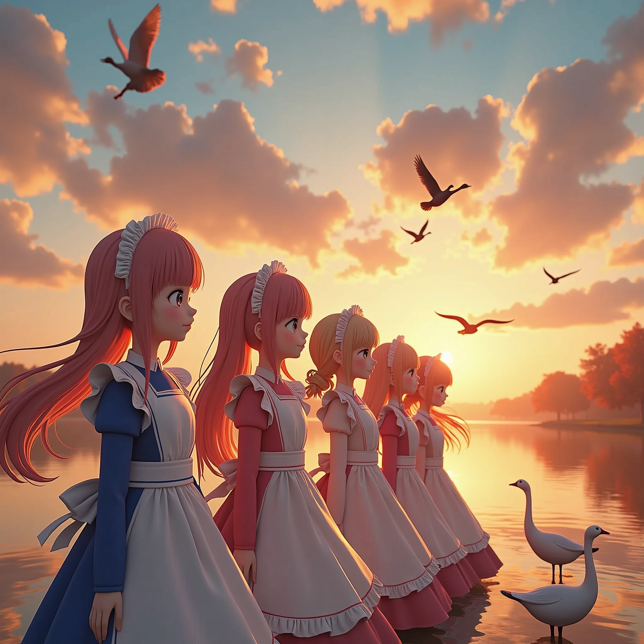 The sunset flies with the lonely geese in the distance, and the autumn river water and the vast sky are connected, unparalleled (Fisheye Lens Full Body wide Shot), (Extremely Detailed((Kawaii Maid Group in a row:1.37))), Childish perfect face, Reflective Eyes, Detailed(Delicate Clothing textures), Dynamic Joyful Expressions LifeLike Rendering, Specular Reflection, TopQuality, Ultra-detailed, insane masterpiece (ProfessionalPhoto:1.37), (Acutance:0.8), (Luminism:1.28), (Renaissance art style), Colorful Light particles, ((Full body from side)), {MicroMini(SkirtLift)|Kissing|Hugging|Undressing}, Radiant Fine Skin with Transparency, (Exposed:0.5), (Different types of Anime hair colors:1.6), Perfect Lighting, girl in nsfw, age19, Solo, Long hair, Colossal , Looking at Viewer, blondehair, Bare shoulders, Brown eyes, jewely, Full body nude, a necklace, off shoulders, Sweaters, Realistic, A sexy detailed portrait, vibrant colors, soft lighting, oil skin, Ultra Professional PhotoRealistic ((insane Gorgeous Diva UnrealEngine5 insane tmasterpiece, ultra high-quality, ultra high-details, ultra sharp-focus, ultra-high-resolution 256K XT3 128K ultra-high-definition, vibrant DSLR vivid moonset)), colorful lighting, cinematic_sunlight, reflection, saturate, Raw, nsfw, varies multi etc. --v 6 --s 1000 --c 20 --q 500 --chaos 100