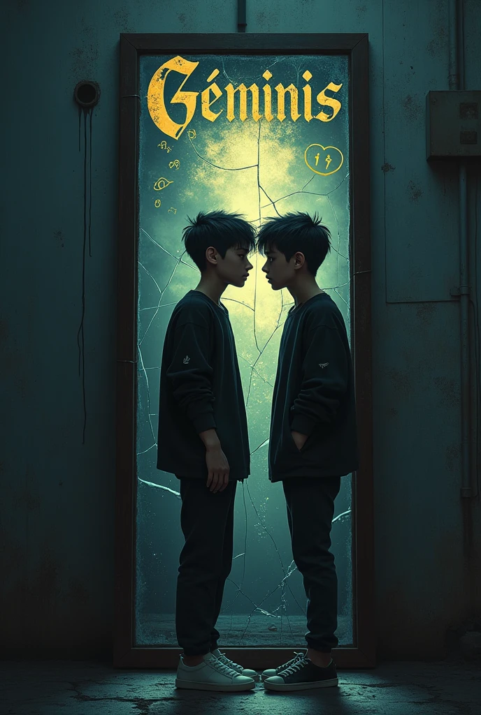 Prompt: Create a dark, moody scene depicting a young man standing in front of a cracked mirror. The reflection shows two sides of him, one side glowing with a soft, golden light, symbolizing his true self, and the other side darkened, shadowed, representing the persona society wants him to be. The background is urban, with crumbling walls and dimly lit streets, adding a sense of decay and struggle. The colors should be muted, with deep blues, grays, and touches of gold. In the reflection, faint digital symbols, like likes and numbers, float around, emphasizing the societal pressures. The young man should be dressed in streetwear, looking determined yet conflicted. Above the mirror, the words "Géminis" are inscribed in an ornate, gothic font.