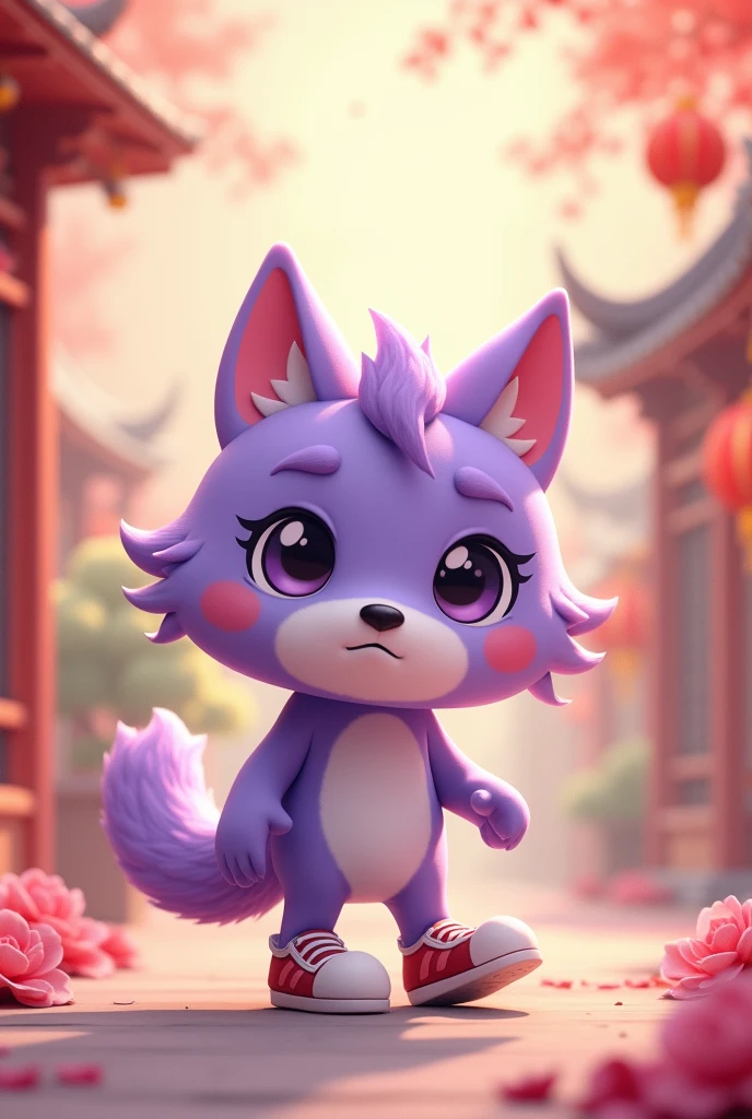 a purple wolf,cute,standing,sideways,Wearing shoes,walking carefully,The expression is nervous,Move carefully,background chinese style,The expression is nervous