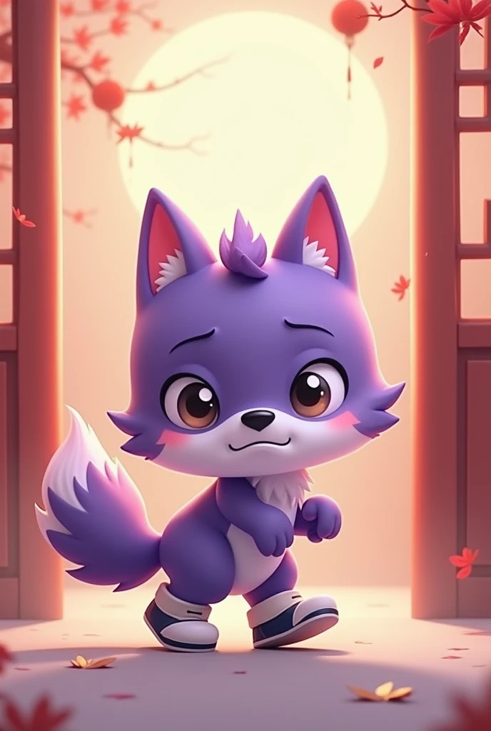 a purple wolf,cute,standing,sideways,Wearing shoes,walking carefully,The expression is nervous,Move carefully,background chinese style,The expression is nervous