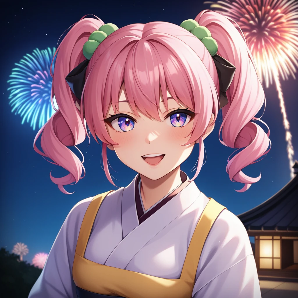 (fireworks), 1girl,(matsuri) (kimono), pigtails, pink hair, (absurdres, highres, masterpiece), (night), vibrant colors, fluid colors, fine detailed beautiful face, ultra detailed, cowboy shot
