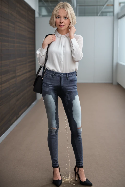 attractive blonde woman wearing skinny jeans, ((platform pumps)), white blouse, walking on a sidewalk,  wetting, big smile, pee stains are gleaming wet