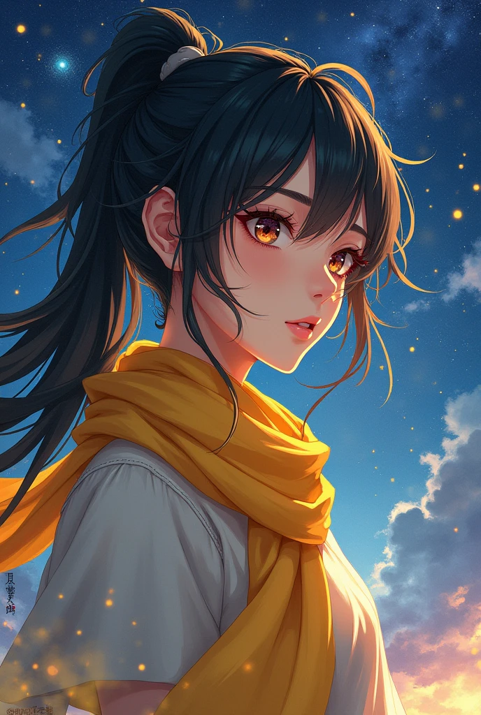olo, space, spoken heart, star (sky), starry sky, upper body, watermark, yang xiao long, yellow scarf