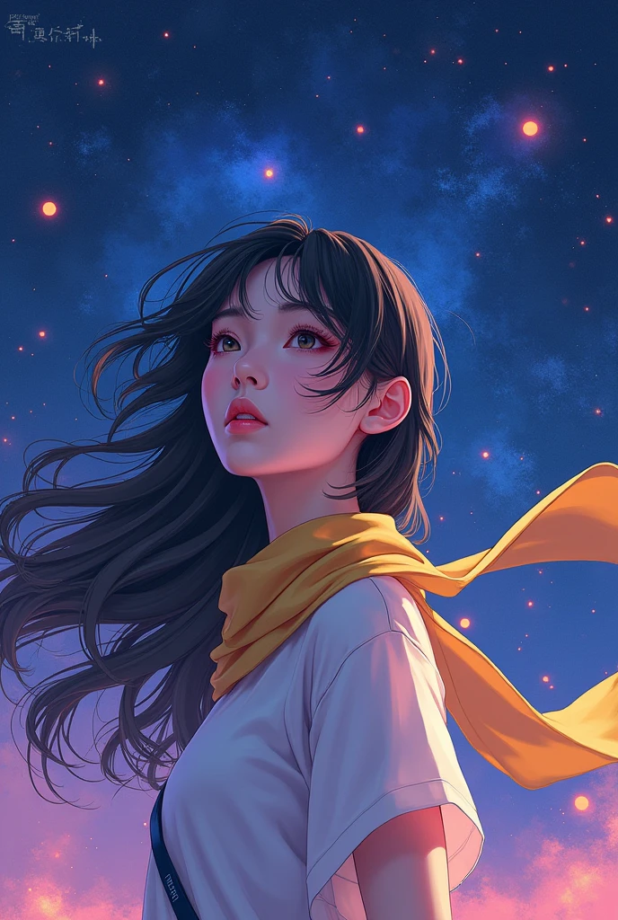 olo, space, spoken heart, star (sky), starry sky, upper body, watermark, yang xiao long, yellow scarf
