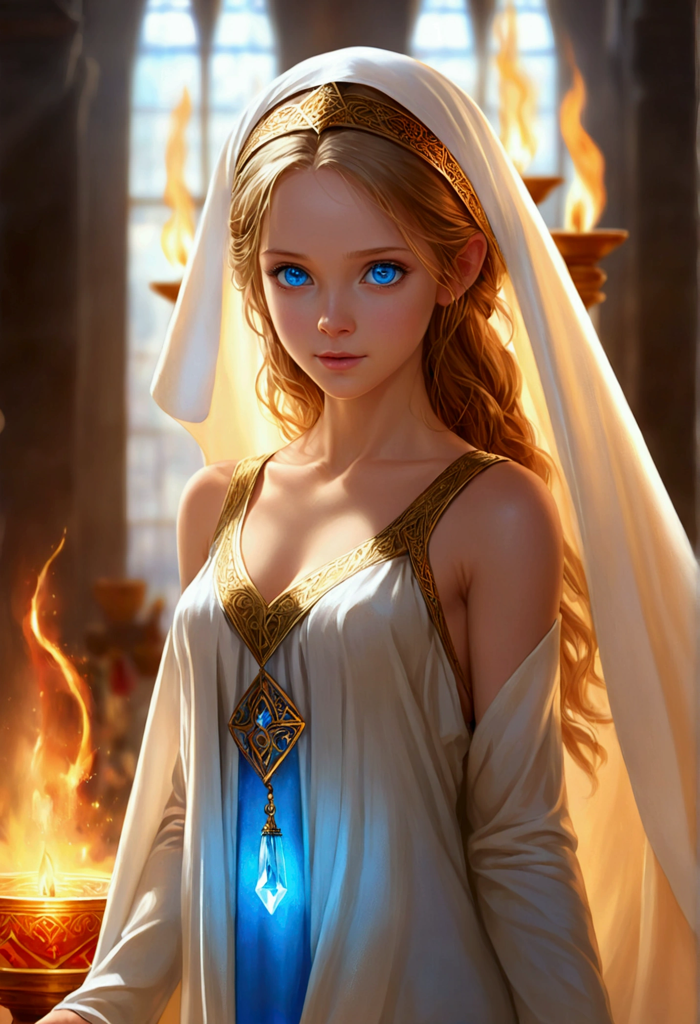 masterpiece, best quality, Extremely detailed, illustration,1 Girl, Looking at the audience, best quality,Depth of Field,(Shut up,A faint smile,blue eyes:1.1),Beautiful and delicate light , (Holy Cloth:1.3),(Put your hands behind your back:1.3),(Put your hands behind your back:1.3),flame (Ark of Tomorrow),  Transparent crystal pyramid shrouded，Protect 