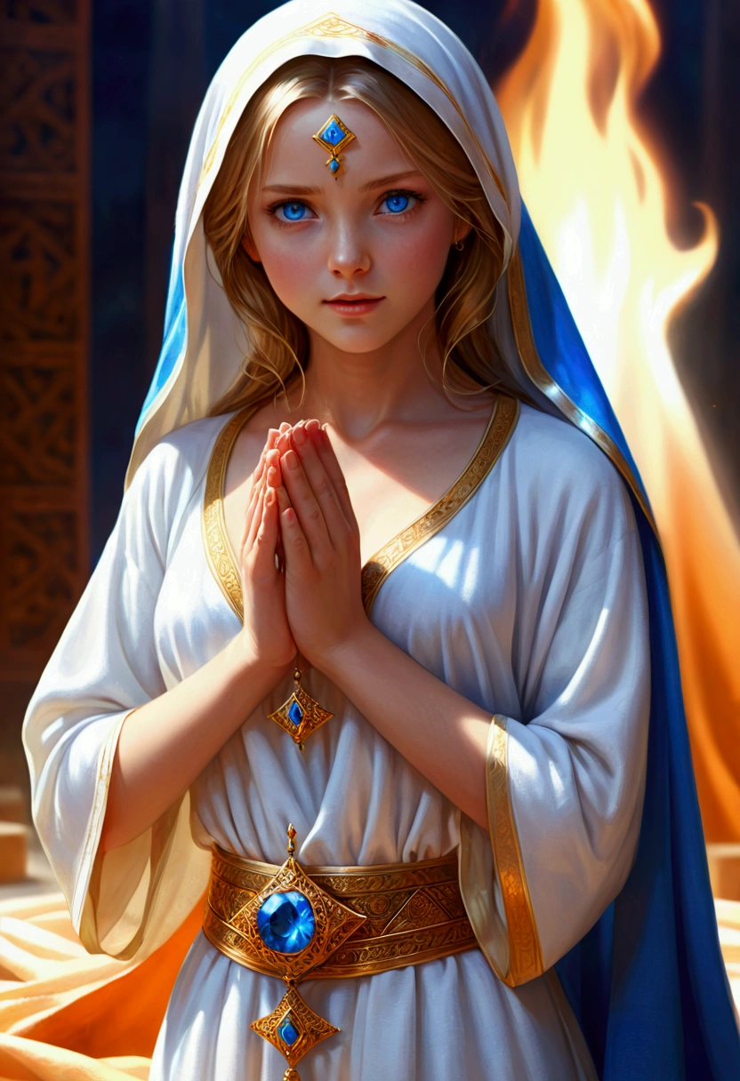 masterpiece, best quality, Extremely detailed, illustration,1 Girl, Looking at the audience, best quality,Depth of Field,(Shut up,A faint smile,blue eyes:1.1),Beautiful and delicate light , (Holy Cloth:1.3),(Put your hands behind your back:1.3),(Put your hands behind your back:1.3),flame (Ark of Tomorrow), Transparent crystal pyramid shrouded,Protect