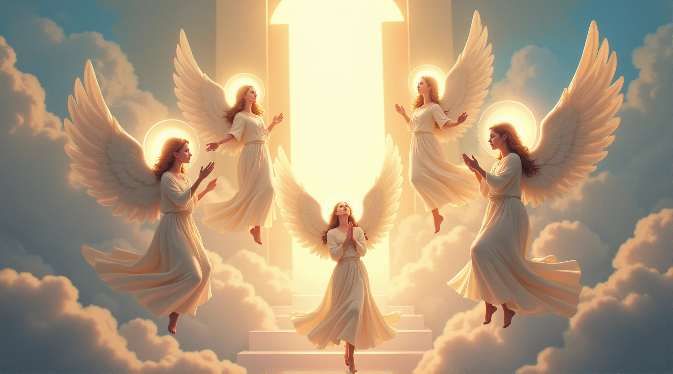anjos flying in the sky with a halo above them, arte conceitual de Alexander Kucharsky, tendências na CGSociety, arte digital, anjos in the sky, paraíso background, full of paintings of anjos, anjos, piedoso e etéreo, flying anjos, biblically accurate anjos, paraíso!!!!!!!!, anjos protecting a praying man, the gates of paraíso, taylor swift as a paraísoly angel