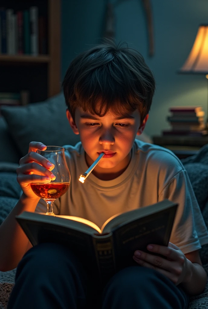 One young boy reading book and he  drink alcohol and take cigarettes